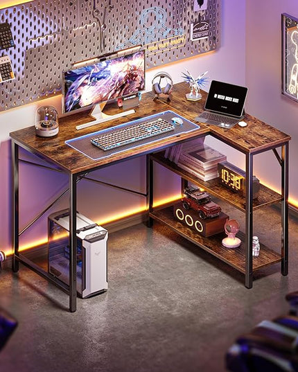L Shaped Desk, 39 Inches Computer Desk with Reversible Storage Shelves, Gaming Desk, Corner Desk Home Office Desks, Writing Desk Study Desk with Metal Frame, Rustic Brown - LeafyLoom