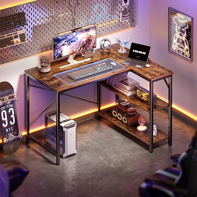 L Shaped Desk, 39 Inches Computer Desk with Reversible Storage Shelves, Gaming Desk, Corner Desk Home Office Desks, Writing Desk Study Desk with Metal Frame, Rustic Brown - LeafyLoom