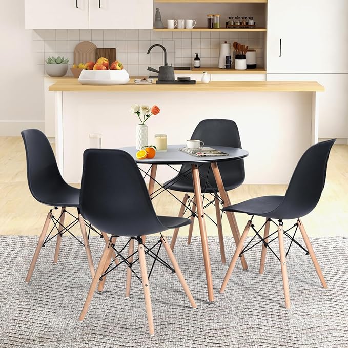 FurnitureR 31.5 Inch Modern Round Dining Table with Wooden Legs for Home Kitchen Living Room Corner Small Spaces Leisure, Black - LeafyLoom