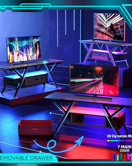Bestier LED Entertainment Center with Power Outlets Gaming TV Stand for TV up to 65 Inch 55” TV Game Console for Living Room Bedroom Removable Drawer 20 Dynamic RGB Modes, Carbon Fiber Black - LeafyLoom