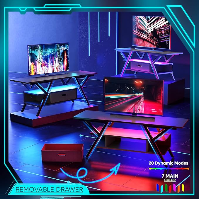 Bestier LED Entertainment Center with Power Outlets Gaming TV Stand for TV up to 65 Inch 55” TV Game Console for Living Room Bedroom Removable Drawer 20 Dynamic RGB Modes, Carbon Fiber Black - LeafyLoom