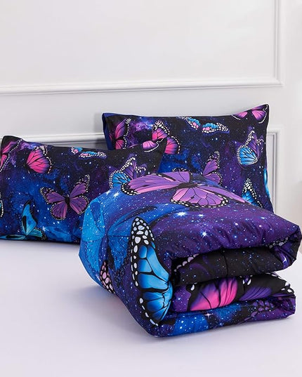 Btargot 3 Piece Butterfly Pattern Girls Comforter Set with 2 Pillow Covers, Galaxy Outer Space Printed Bedding Set for Women, Queen Purple Blue - LeafyLoom