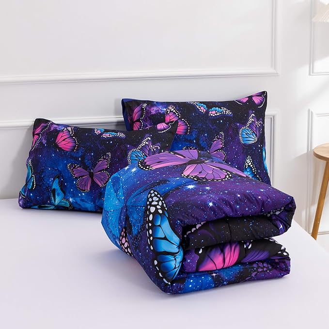 Btargot 3 Piece Butterfly Pattern Girls Comforter Set with 2 Pillow Covers, Galaxy Outer Space Printed Bedding Set for Women, Full Purple Blue - LeafyLoom