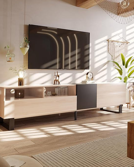 71 Inch TV Stand with Double Storage Space for TVs up to 80'', Modern TV Console with Drop Down Door, Entertainment Center for Living Room, Bedroom and Home Theatre, Natural Wood+Black - LeafyLoom