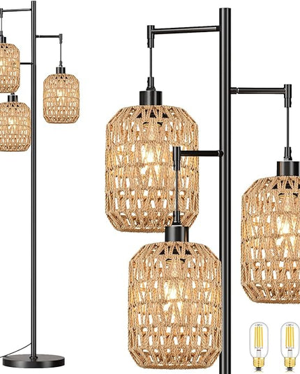 Floor Lamp for Living Room,Bedroom,Boho Rattan Tree 3 Lights Farmhouse Floor Lights,Industrial Black Standing Lamp Wicker Rustic Tall Lamp,Woven Bamboo LampShade Floor Lamps Bohemian - LeafyLoom