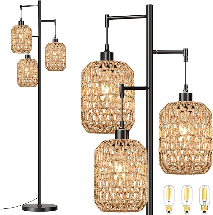 Floor Lamp for Living Room,Bedroom,Boho Rattan Tree 3 Lights Farmhouse Floor Lights,Industrial Black Standing Lamp Wicker Rustic Tall Lamp,Woven Bamboo LampShade Floor Lamps Bohemian - LeafyLoom