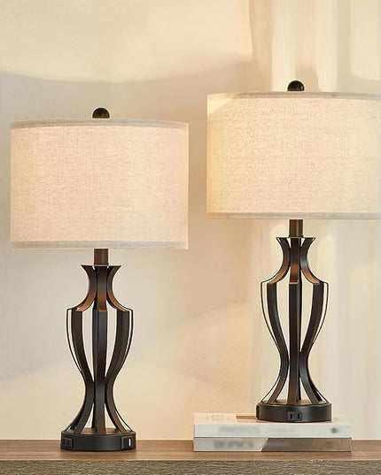 23.25'' Metal Table Lamp Set of 2 for Living Room, 3-Way Touch Control Black Iron Scroll Table Lamps with USB Ports and AC Outlets(Bulbs Included) - LeafyLoom