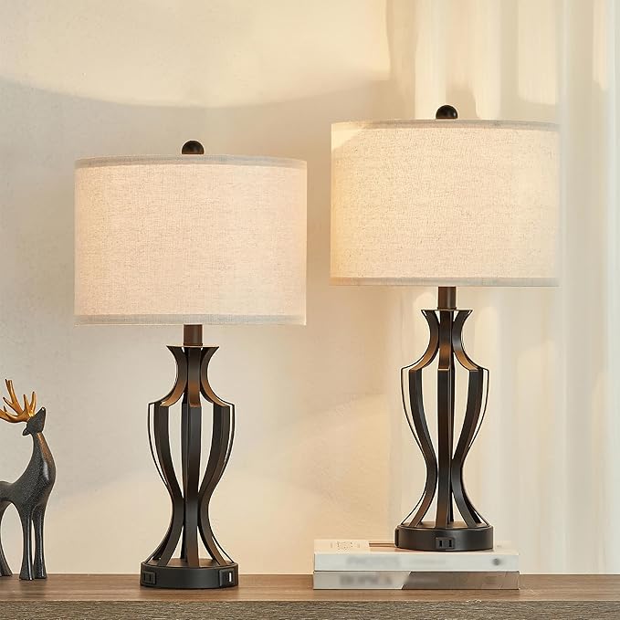 23.25'' Metal Table Lamp Set of 2 for Living Room, 3-Way Touch Control Black Iron Scroll Table Lamps with USB Ports and AC Outlets(Bulbs Included) - LeafyLoom