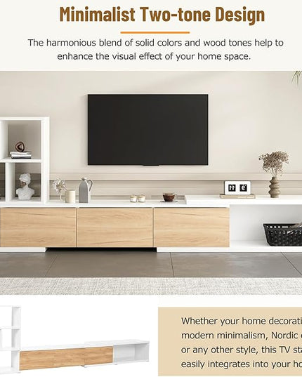 Extendable Stand with 3 Tier Bookshelves for TVs up to 110'', Adjustable Entertainment Center with Storage Cabinets, Sliding Tabletop Media Console for Living Room, White, 126 inch Length - LeafyLoom