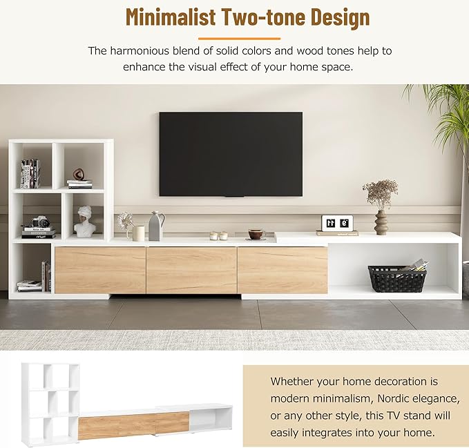 Extendable Stand with 3 Tier Bookshelves for TVs up to 110'', Adjustable Entertainment Center with Storage Cabinets, Sliding Tabletop Media Console for Living Room, White, 126 inch Length - LeafyLoom