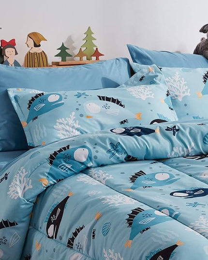 SLEEP ZONE Kids Bedding Comforter Set Full/Queen Size - Super Cute & Soft Kids Bedding 7 Pieces Set with Comforter, Sheet, Pillowcase & Sham (Little Fish) - LeafyLoom