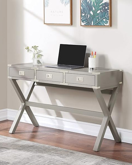 OSP Home Furnishings Wellington 46-Inch Writing Desk with Power Hub and 3 Storage Drawers, Grey - LeafyLoom