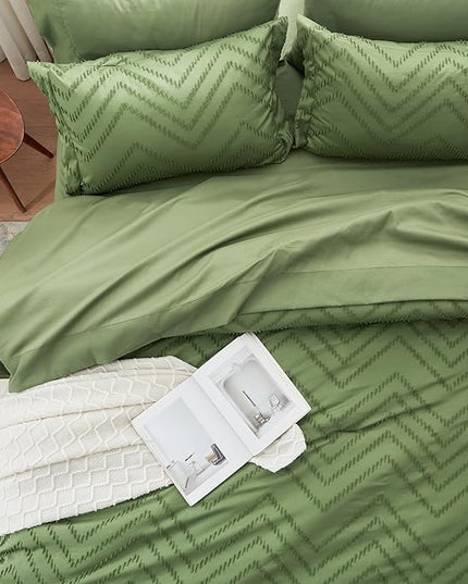 Anluoer Queen Comforter Set, Olive Green Tufted Bed in a Bag 7 Pieces with comforters and sheets, All Season Bedding Sets with 1 Comforter, 2 PillowShams, 2 Pillowcases, 1 Flat Sheet, 1 Fitted Sheet - LeafyLoom