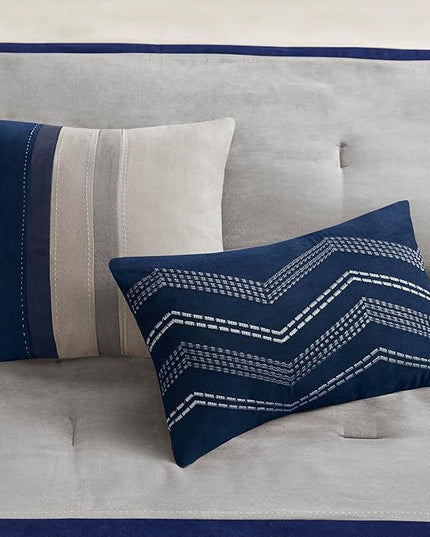 Madison Park Palisades Comforter Set Modern Faux Suede Pieced Stripe Design, All Season Down Alternative Cozy Bedding with Matching Shams, Decorative Pillows, Cal King(104"x92"), Blue 7 Piece - LeafyLoom