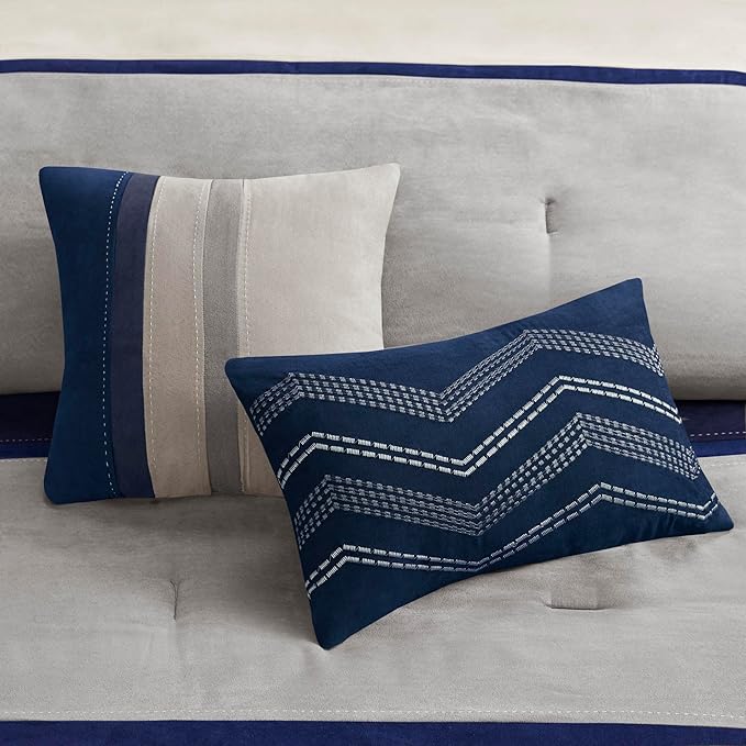 Madison Park Palisades Comforter Set Modern Faux Suede Pieced Stripe Design, All Season Down Alternative Cozy Bedding with Matching Shams, Decorative Pillows, King(104"x92"), Blue 7 Piece - LeafyLoom