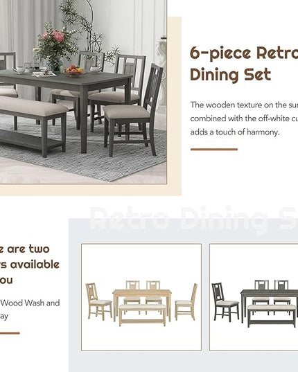 6-Piece Retro Dining Set with 4 upholstered Chairs, Counter Kitchen Suit W/Minimalist Wooden Table and 1 Shelf Bench, for Family Use, Easy to Install, Dark Gray+Beige - LeafyLoom
