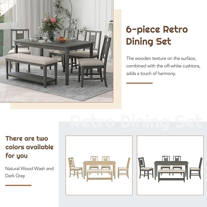 6-Piece Retro Dining Set with 4 upholstered Chairs, Counter Kitchen Suit W/Minimalist Wooden Table and 1 Shelf Bench, for Family Use, Easy to Install, Dark Gray+Beige - LeafyLoom