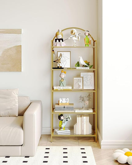 Bookcase Bookshelf, Tempered Glass Bookshelves, Slim Shelving Unit for Bedroom, Bathroom, Home Office, Steel Frame, 5 Tier Gold BC21599G - LeafyLoom