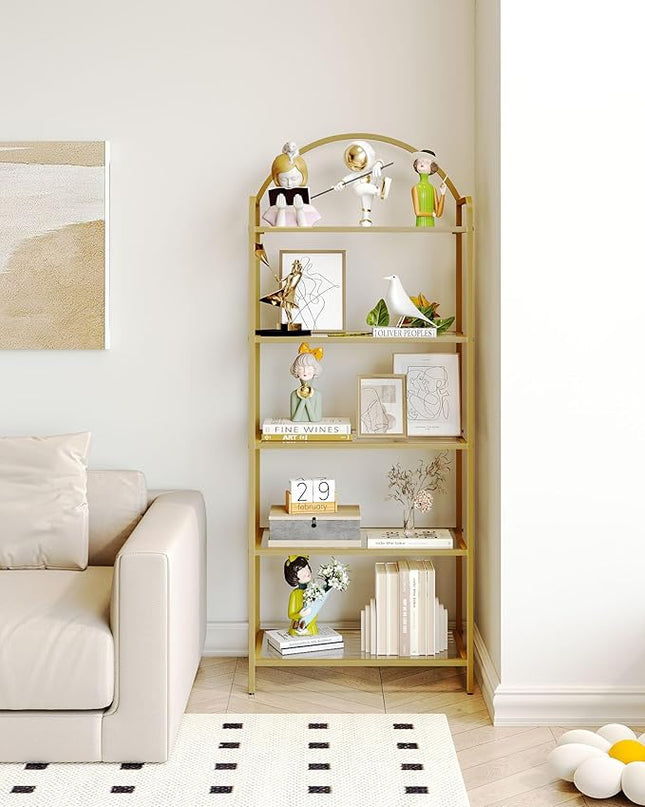 Bookcase Bookshelf, Tempered Glass Bookshelves, Slim Shelving Unit for Bedroom, Bathroom, Home Office, Steel Frame, 5 Tier Gold BC21599G - LeafyLoom