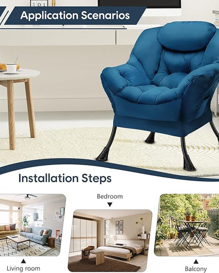 Fabric Lazy Chair Large Accent Chair,Velvet Frabic Modern Lounge Reading Chair with Armrests & Side Pocket,Upholstered Armchair for Living Room,Bedroom,Dorm,Blue - LeafyLoom