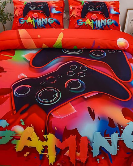 Aimuan Gaming Comforter Sets for Boys Kids Bedding Sets Video Games Console Action Buttons Novelty Colorful Game Gamepad Controller Modern Gamer Room Decor Home Quilt Set (Twin, Red) - LeafyLoom
