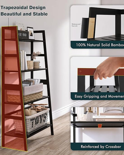 Black Bookshelf, 4-Tier Ladder Shelf, Freestanding Leaning Bookcase with Bamboo Shelves, Space Saving Flower Plant Stand for Small Space - LeafyLoom