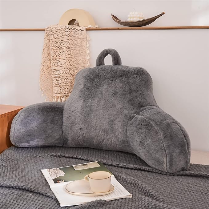 A Nice Night Faux Fur Reading Pillow Bed Wedge Large Adult Children Backrest with Arms Back Support for Sitting Up in Bed/Couch for Bedrest,Gray,Large - LeafyLoom