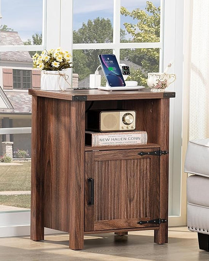 Night Stand Set of 2, 18 Inch Farmhouse Nightstand with with Charging Station and USB Port, Rustic Wood Bedside Table with Magnetic Door, Bed Side Tables for Bedroom, Brown Walnut - LeafyLoom