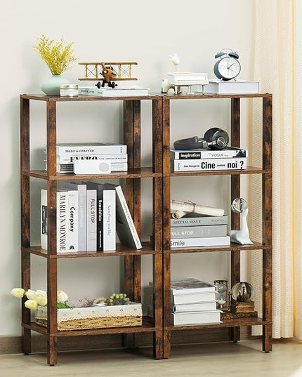 4 Tier Tall Wooden Bookshelf with Storage, Narrow Bookcase for Small Space, Small Book Shelf for Living Room, Office, Bedroom, Kitchen, Industrial, Rustic Brown - LeafyLoom