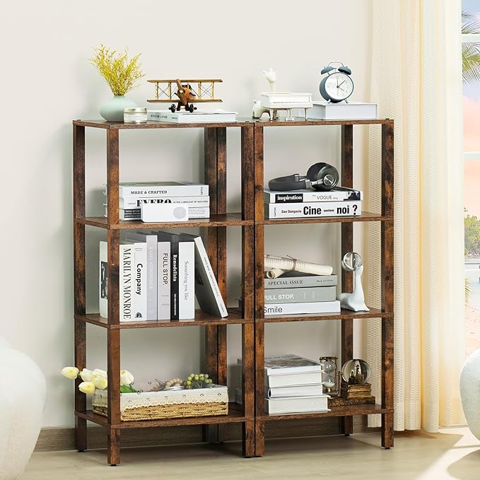 4 Tier Tall Wooden Bookshelf with Storage, Narrow Bookcase for Small Space, Small Book Shelf for Living Room, Office, Bedroom, Kitchen, Industrial, Rustic Brown - LeafyLoom