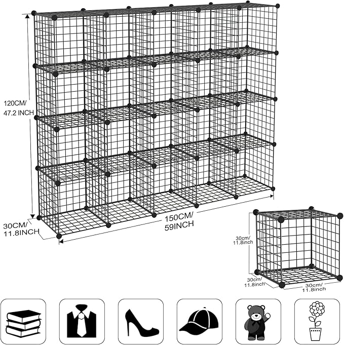 TUMUCUTE Wire Cube Storage Organizer, Metal Storage Shelves Bookshelf, Stackable Modular Closet Organizer for Bedroom Living Room, Office,Storage Shelves (20 Cubes, Iron) - LeafyLoom