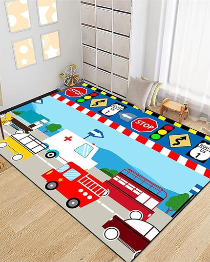 Cartoon Ambulance Car Area Rug Car Carpet for Kids Play Rug for Cars and Trucks Car Rug Play Mat Car Track Rug Truck Rugs for Boys Room Rugs for Boys Bedroom,Light Blue 4'×5' - LeafyLoom