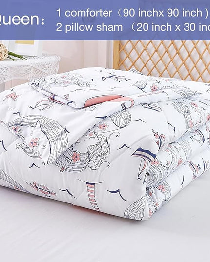 JSD Girls Mermaid Queen Comforter Set for Girls, 3 Piece Kids Printed Comforter with Pillow Shams, Soft Comfortable Machine Washable - LeafyLoom