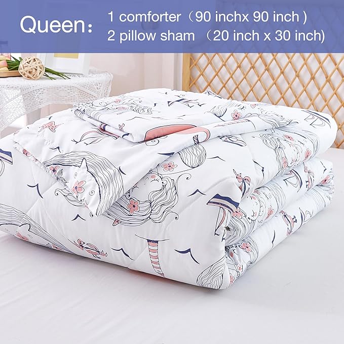 JSD Girls Mermaid Queen Comforter Set for Girls, 3 Piece Kids Printed Comforter with Pillow Shams, Soft Comfortable Machine Washable - LeafyLoom