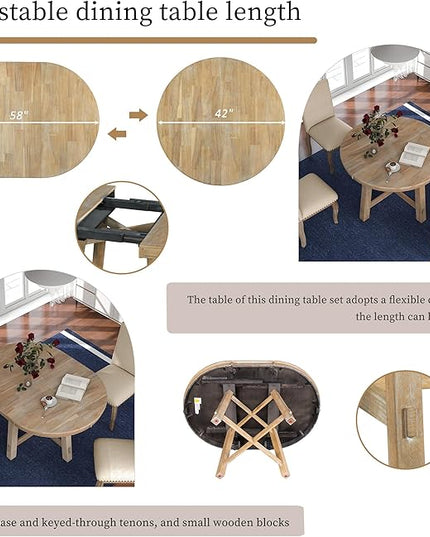 RITSU 5 Piece Farmhouse Round Retractable Table Set with 4 Upholstered Dining Chairs, Copper Ingot Trim, MDF and Smooth Material for Living Room, Apartment, Natural Wood Wash, 58inch - LeafyLoom