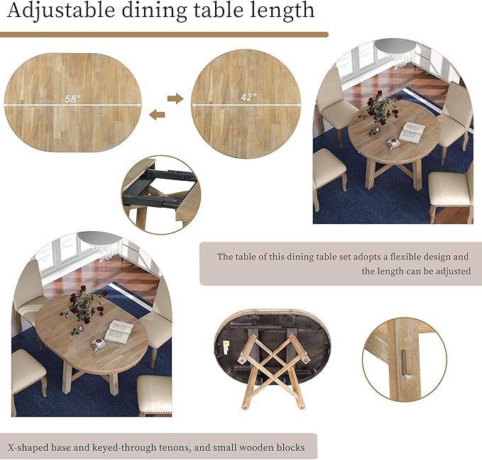 RITSU 5 Piece Farmhouse Round Retractable Table Set with 4 Upholstered Dining Chairs, Copper Ingot Trim, MDF and Smooth Material for Living Room, Apartment, Natural Wood Wash, 58inch - LeafyLoom