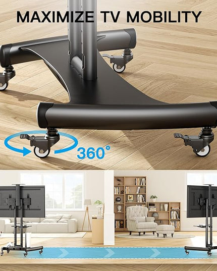 PERLESMITH Rolling/Mobile TV Cart with Wheels for 32-82 Inch LCD LED 4K Flat Screen TVs - TV Floor Stand with Shelf Holds Up to 100 lbs, Height Adjustable Trolley Max VESA 600x400mm- PSTVMC05 - LeafyLoom