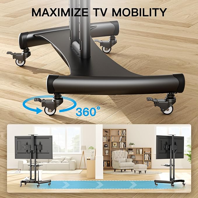 PERLESMITH Rolling/Mobile TV Cart with Wheels for 32-82 Inch LCD LED 4K Flat Screen TVs - TV Floor Stand with Shelf Holds Up to 100 lbs, Height Adjustable Trolley Max VESA 600x400mm- PSTVMC05 - LeafyLoom