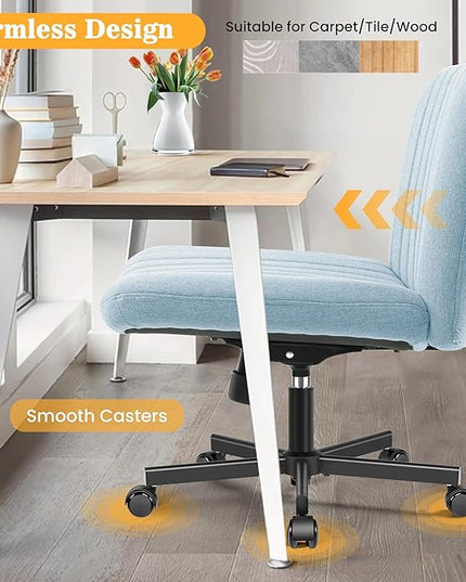 Armless Office Chair with Wheels, Wide Seat Fabric Desk Chair, Height Adjustable Cross Legged Computer Chair for Home Office, Swivel Modern Accent Chair Light Blue - LeafyLoom