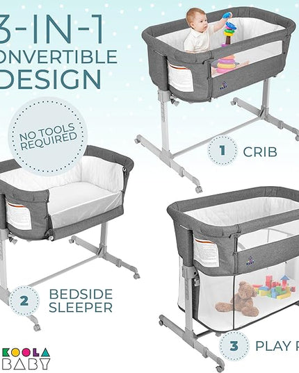 3 in 1 Baby Bassinet, Bedside Sleeper, & Playpen, Easy Folding Portable Crib (Grey)- KoolaBaby (Bassinet) - LeafyLoom