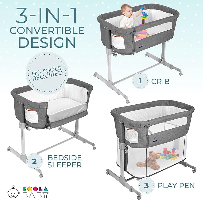 3 in 1 Baby Bassinet, Bedside Sleeper, & Playpen, Easy Folding Portable Crib (Grey)- KoolaBaby (Bassinet) - LeafyLoom