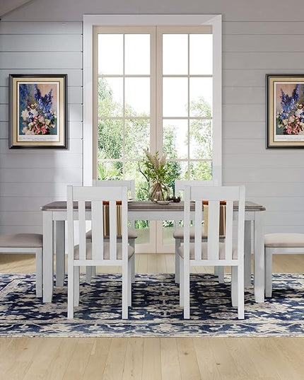 Retro Style 7 Piece Set with Extendable Table and 6 Upholstered Chairs, for Living, Dining Room, Home Bar and Kitchen, Brown+White - LeafyLoom
