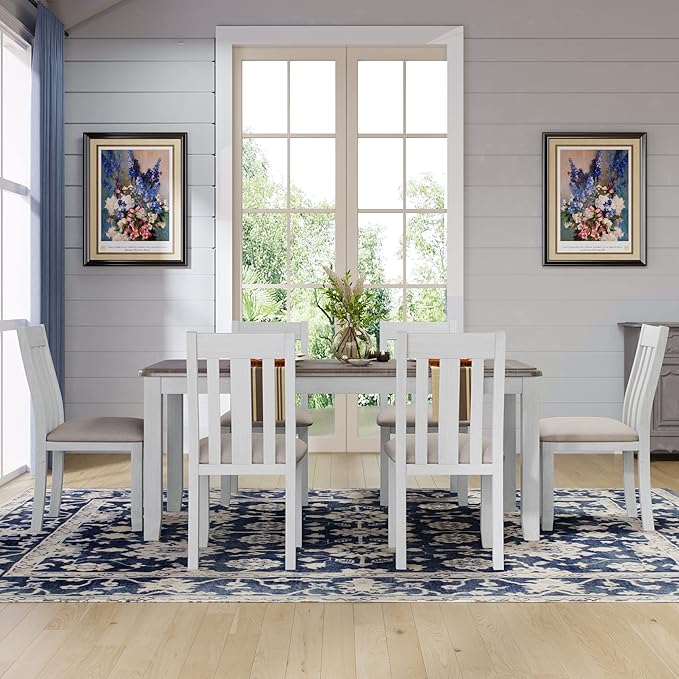 Retro Style 7 Piece Set with Extendable Table and 6 Upholstered Chairs, for Living, Dining Room, Home Bar and Kitchen, Brown+White - LeafyLoom