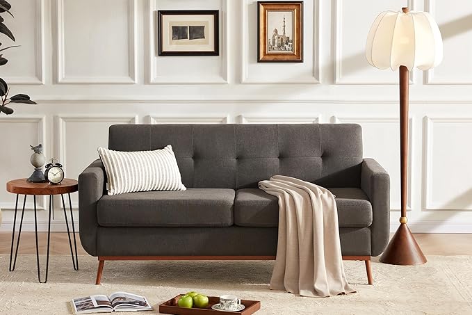 65" Loveseat Sofa, Mid Century Modern Love Seat Couches for Living Room, Comfy Upholstered Sofa Couch for Bedroom(Linen-Dark Grey) - LeafyLoom