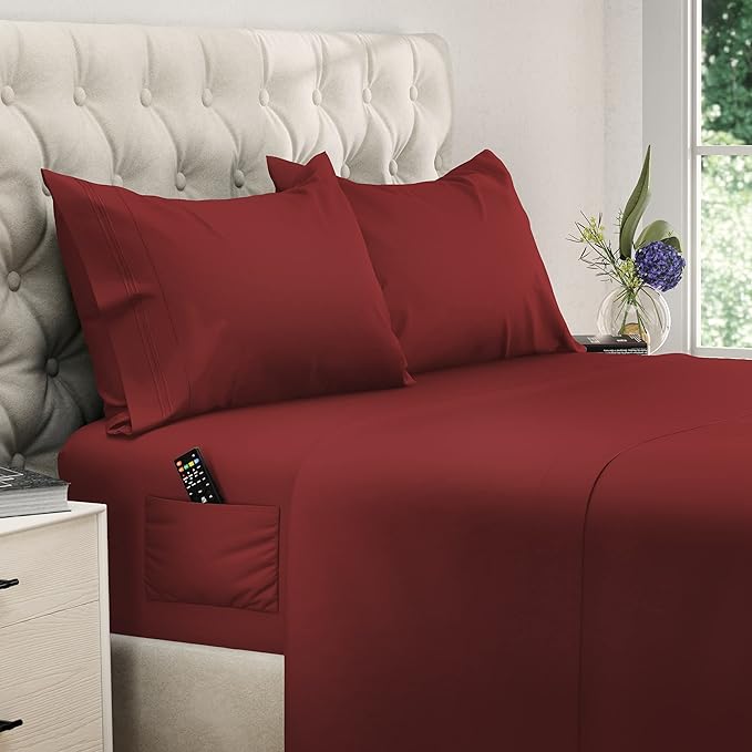 DREAMCARE Twin XL Sheet Sets - Cooling Bed Sheets - 4pcs Set - up to 15" Deep Pocket Twin XL Sheets - XL Twin Sheet Set – Soft & Long Lasting 100% Fine Brushed Polyester with Side Pocket - Burgundy - LeafyLoom
