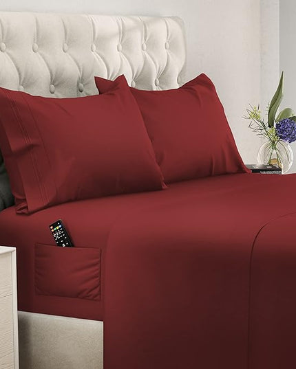 DREAMCARE Twin Sheets - Cooling Bed Sheets - 4pcs Set - up to 15" Deep Pocket Twin Bed Sheets - Twin Sheet Set - Bed Sheets Twin Soft & Lasting 100% Fine Brushed Polyester with Side Pocket - Burgundy - LeafyLoom