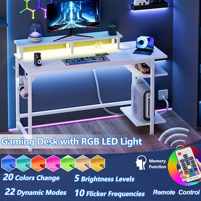 Furologee White Desk with Power Outlets and LED Lights, 47" Office Gaming Desk with Shelves and Fabric Drawer, Reversible Study Table with Monitor Stand and Hooks - LeafyLoom