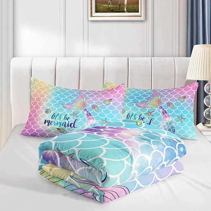 Datura home Bedding Comforter Set Rainbow Scales Mermaid Printed Pattern Bedding Set with 1 Comforter and 2 Pillowcases for Girls Bedroom All Season(Rainbow Scales Mermaid Queen), 90x90inches - LeafyLoom