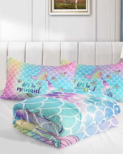 Datura home Bedding Comforter Set Rainbow Scales Mermaid Printed Pattern Bedding Set with 1 Comforter and 2 Pillowcases for Girls Bedroom All Season(Rainbow Scales Mermaid Twin), 68x86inches - LeafyLoom