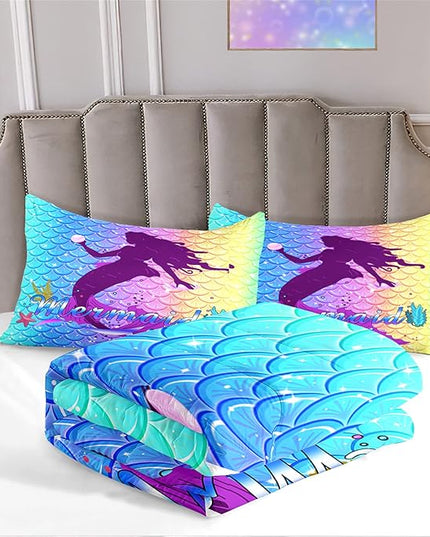 3Pcs Mermaid Comforter Set Queen Fish Scale Patterns Printed Queen Comforter Sets for Girls All Season Ultra Soft MIcrofiber Mermaid Bed Set Quilted Duvet with 2 Pillowcases, Queen Size - LeafyLoom